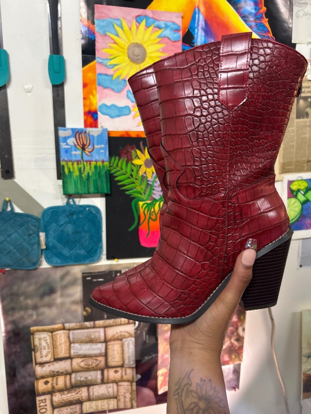 Burgundy crocodile boots